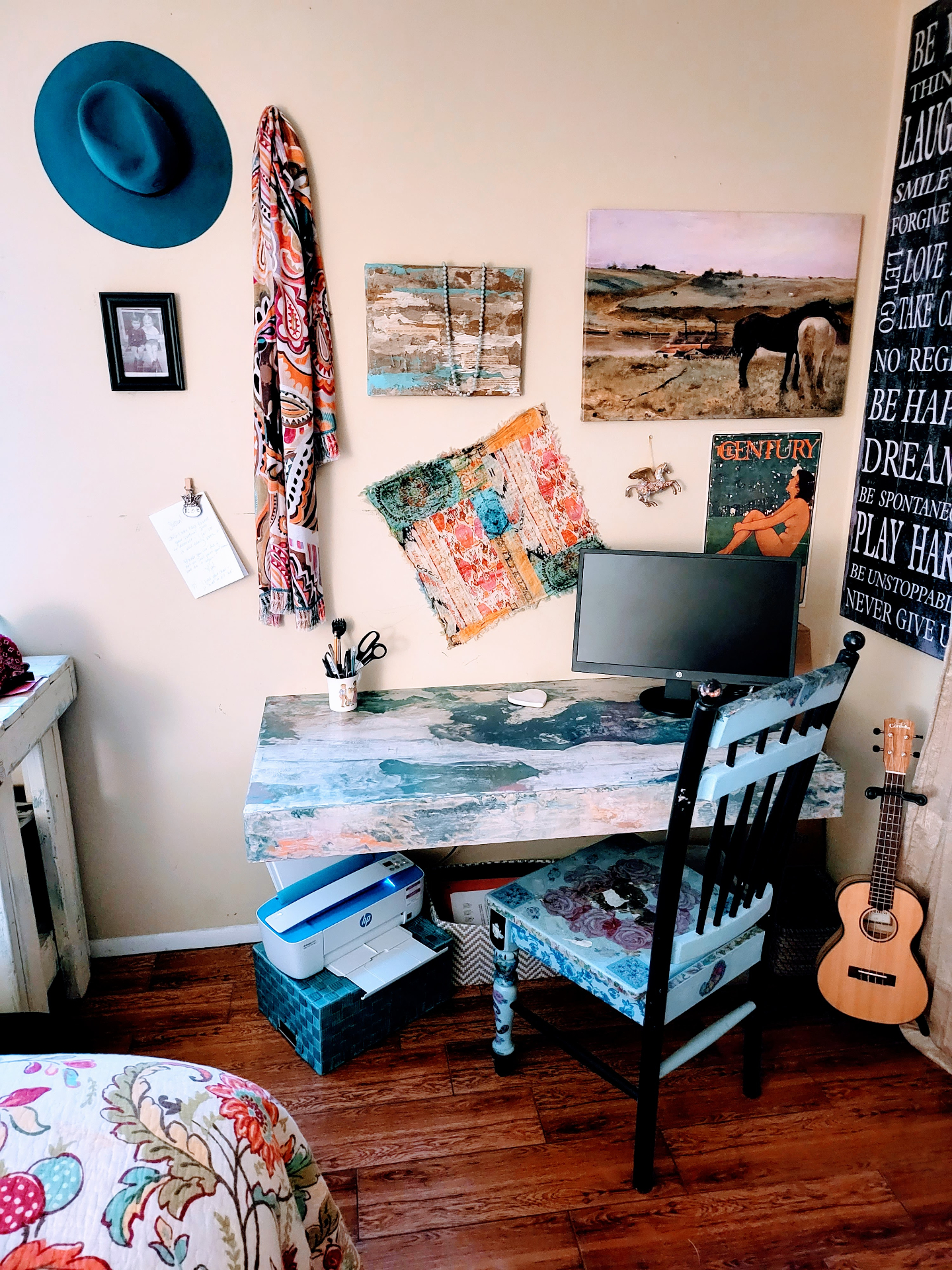The finished floating desk in its bohemian corner.