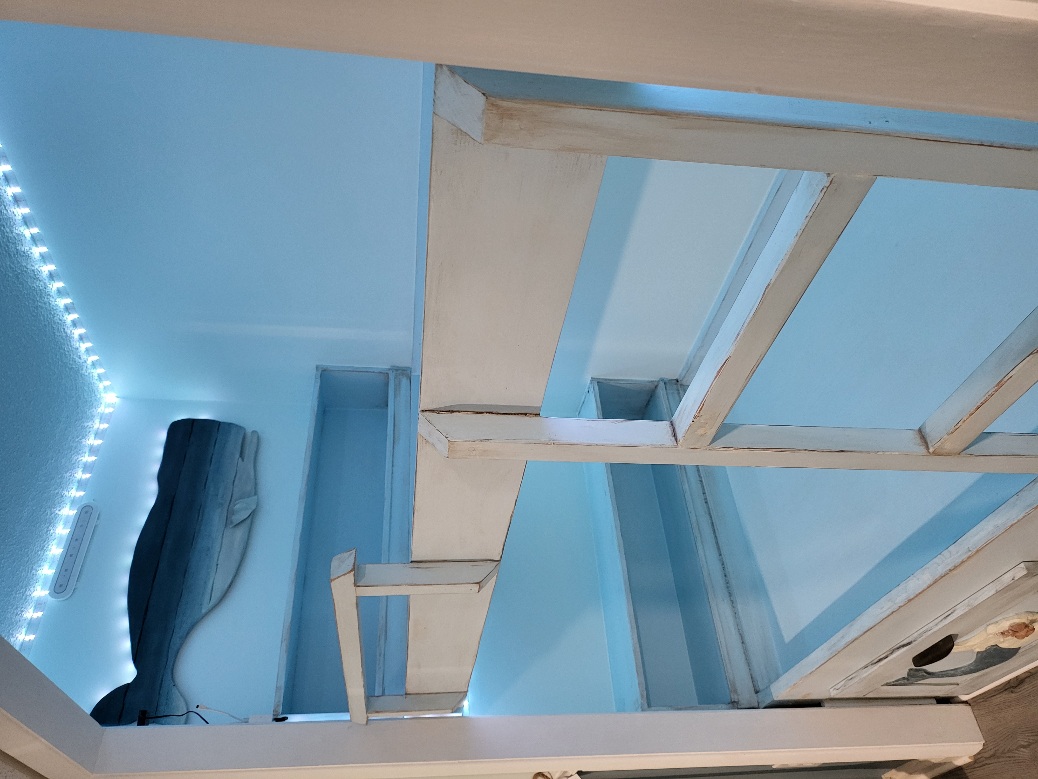The sculptural whale appears to swim above the bunks in soft blue light.