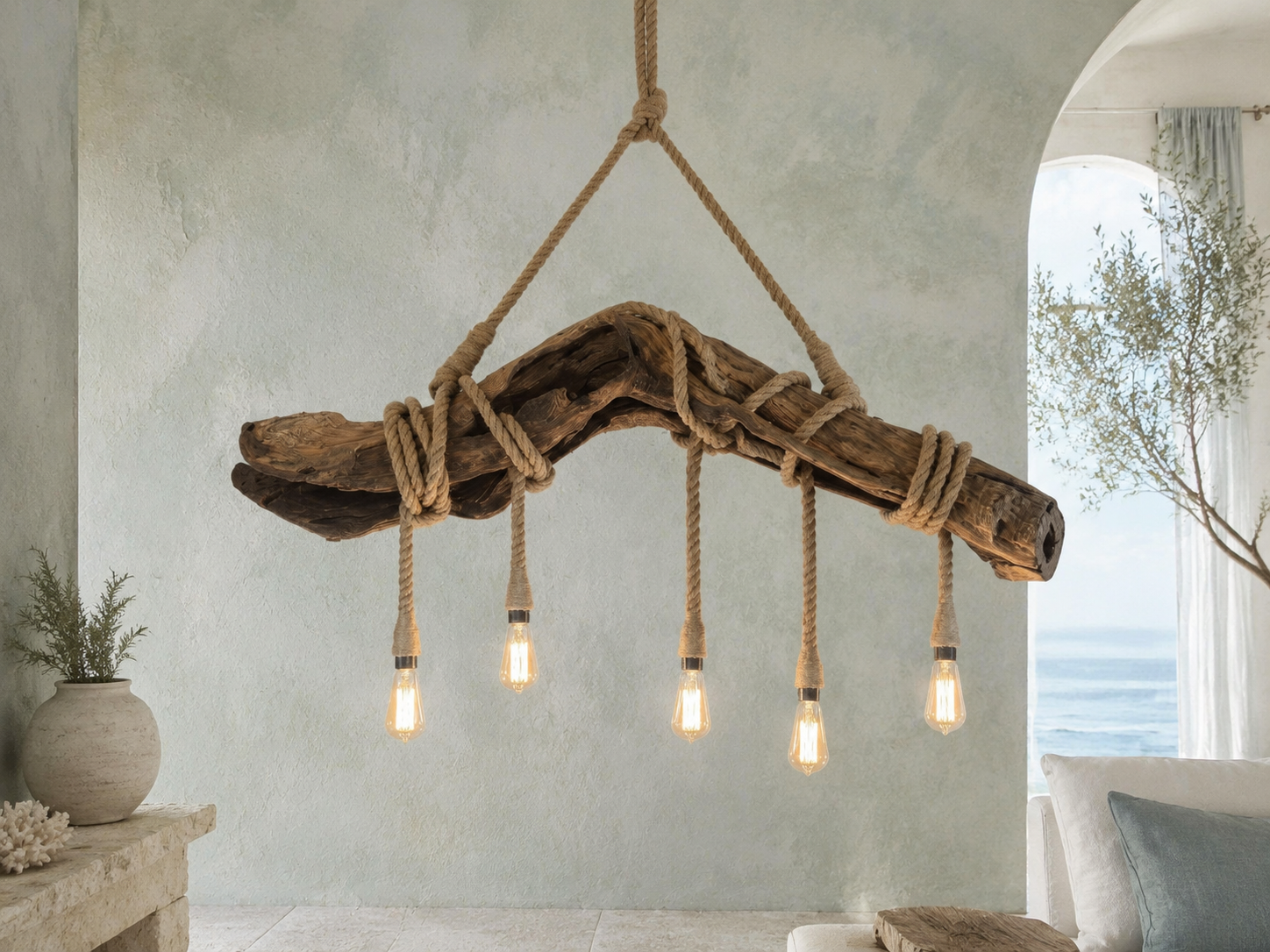 Full view — the five-light chandelier suspended in its finished form.