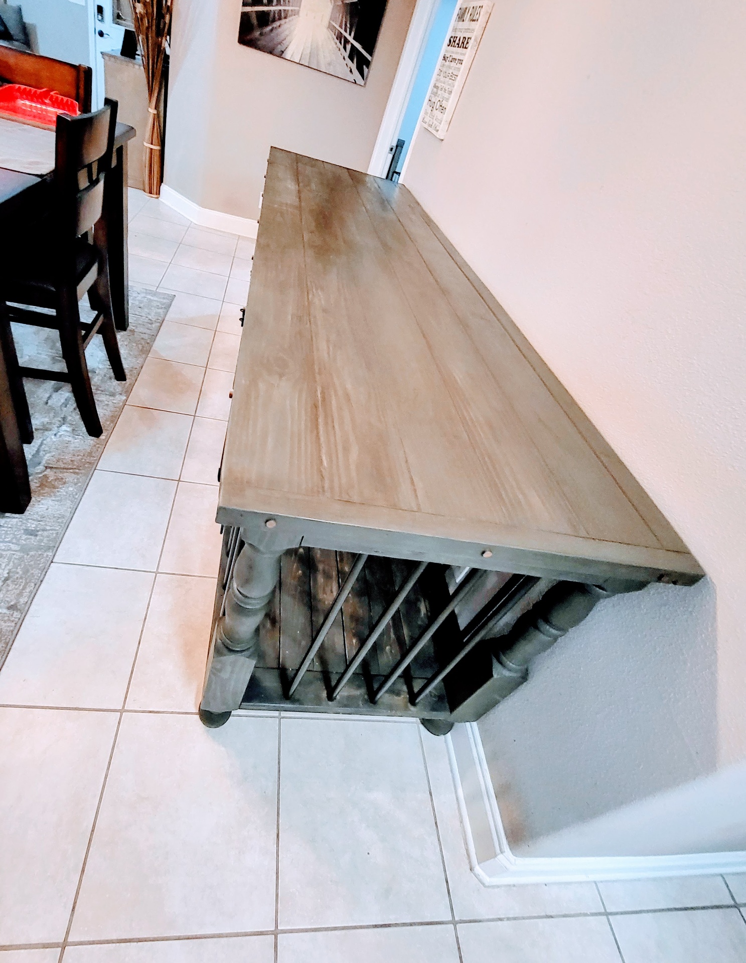 Expansive weathered wood top for serving and display.