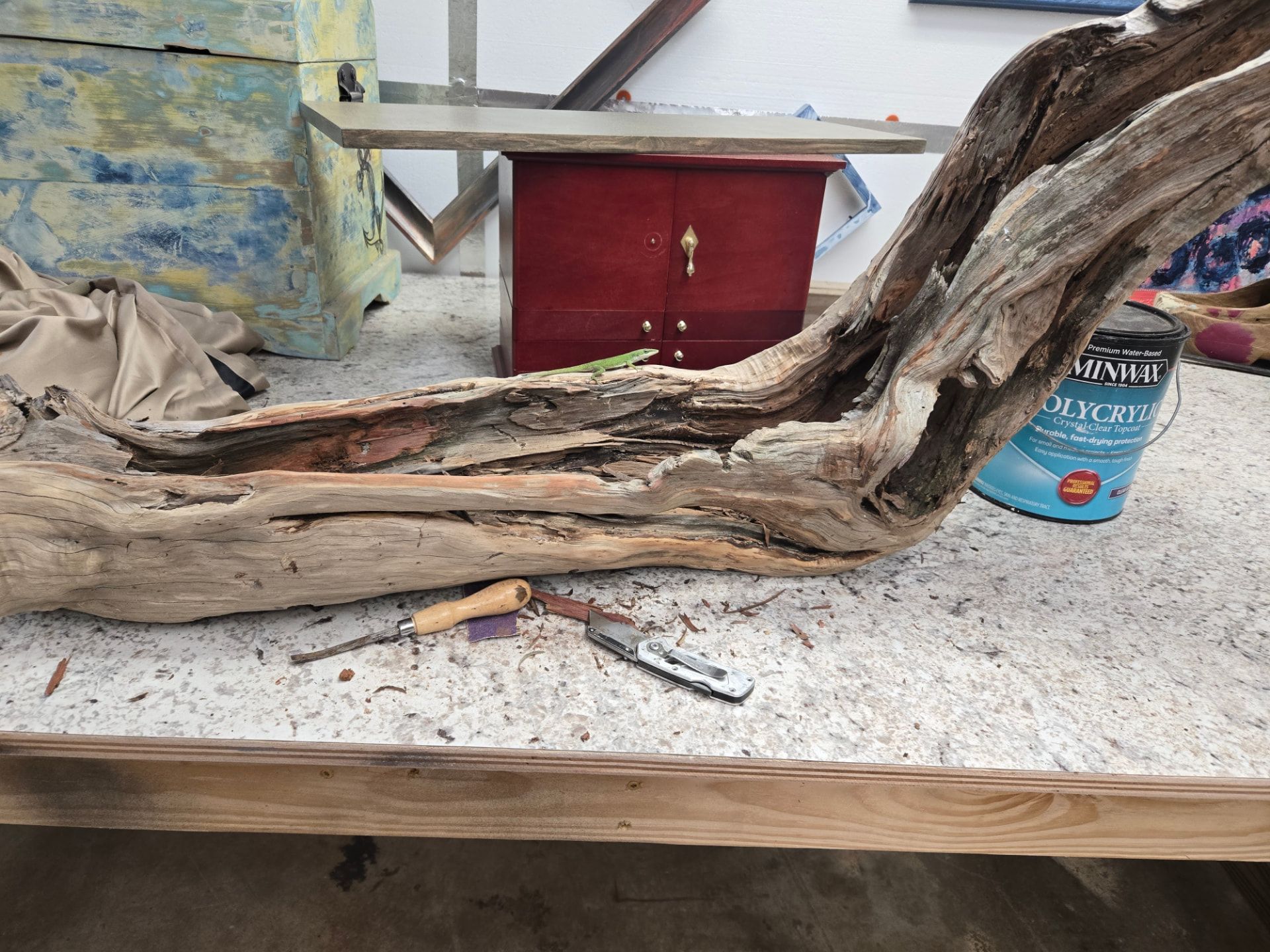 Before — the raw coastal driftwood in the workshop.